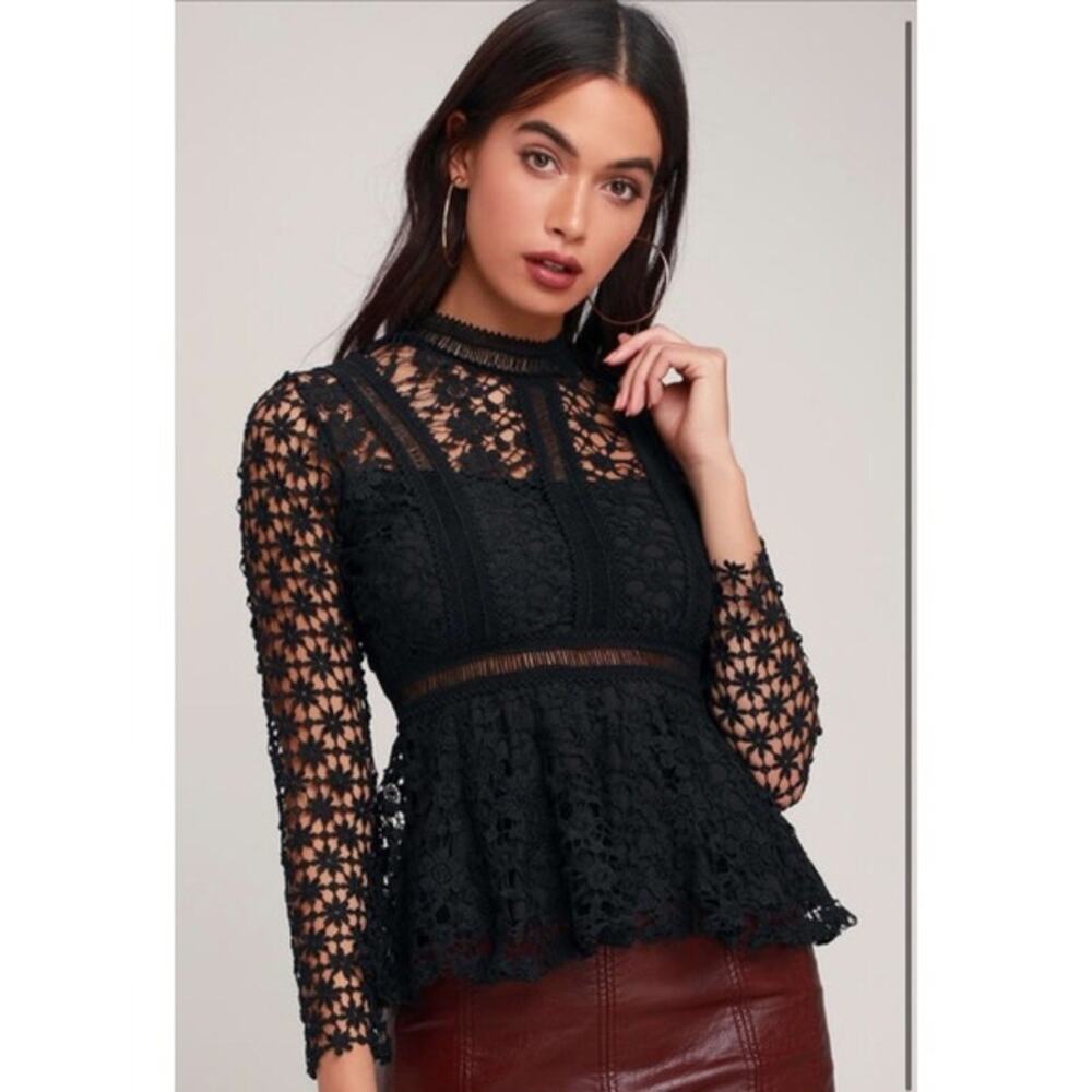 I.Madeline Lace Long Sleeve Black Lined Peplum Blouse Top Womens Large